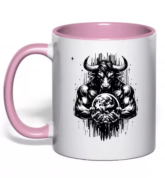 Чашка з кольоровою ручкою Тату мінотавр знак зодіака телець Ніжно рожевий фото
