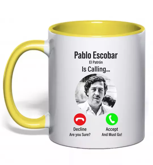 Чашка з кольоровою ручкою Pablo Escobar is calling Сонячно жовтий фото