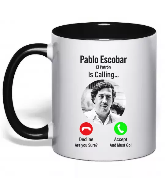 Чашка з кольоровою ручкою Pablo Escobar is calling Чорний фото