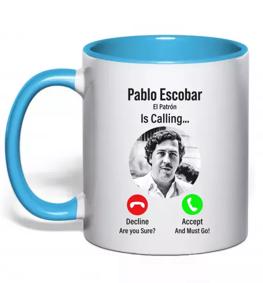 Чашка з кольоровою ручкою Pablo Escobar is calling Блакитний фото