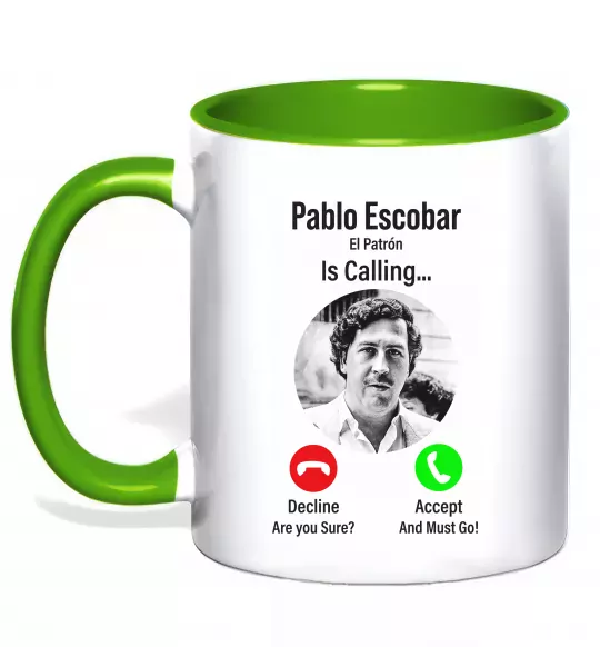 Чашка з кольоровою ручкою Pablo Escobar is calling Зелений фото
