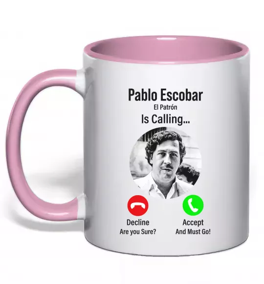 Чашка з кольоровою ручкою Pablo Escobar is calling Ніжно рожевий фото