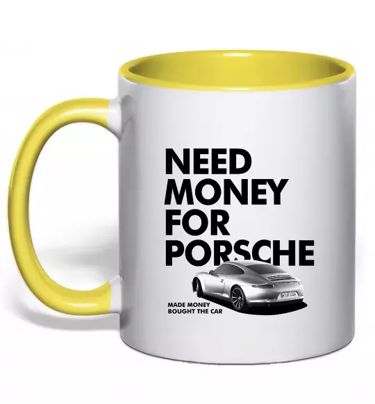 Чашка з кольоровою ручкою Made money bought Porsche Сонячно жовтий фото