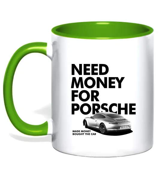 Чашка з кольоровою ручкою Made money bought Porsche Лаймовий фото