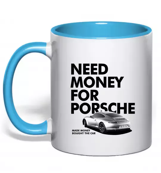 Чашка з кольоровою ручкою Made money bought Porsche Блакитний фото