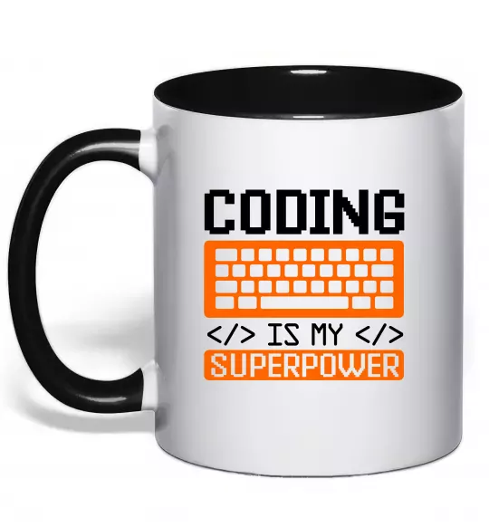 Чашка з кольоровою ручкою Coding is my superpower Чорний фото