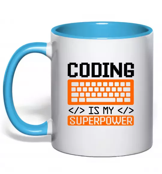 Чашка з кольоровою ручкою Coding is my superpower Блакитний фото