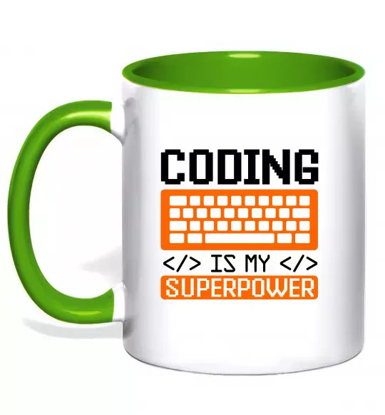 Чашка з кольоровою ручкою Coding is my superpower Зелений фото