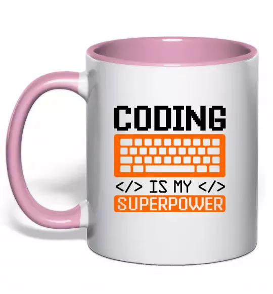 Чашка з кольоровою ручкою Coding is my superpower Ніжно рожевий фото