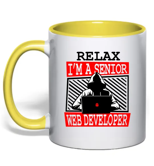Чашка з кольоровою ручкою Senior web developer Лимонний фото