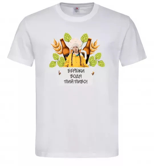 Мужская футболка Пий пиво, бережи воду Белый фото
