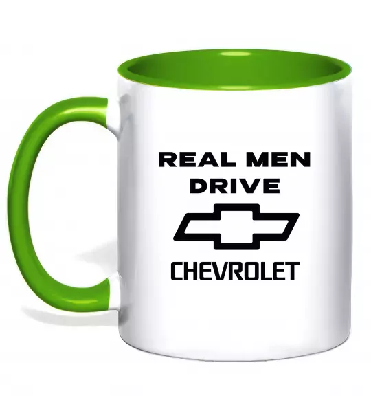Чашка с цветной ручкой Real man drive Chevrolet Зеленый фото