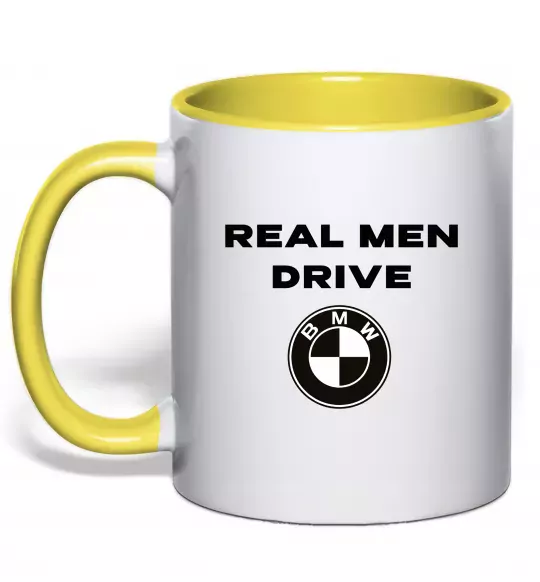 Чашка с цветной ручкой Real men drive BMW Солнечно желтый фото
