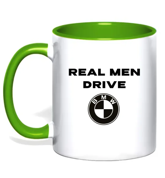 Чашка с цветной ручкой Real men drive BMW Лаймовый фото