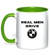 Чашка с цветной ручкой Real men drive BMW Лаймовый фото