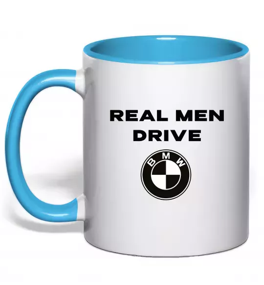 Чашка с цветной ручкой Real men drive BMW Голубой фото