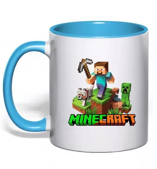Чашка с цветной ручкой Майнкрафт з киркою Голубой фото