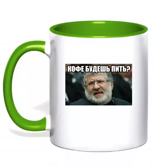 Чашка з кольоровою ручкою Каву будеш пити? Зелений фото