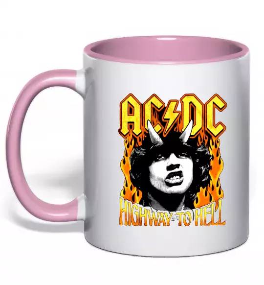 Чашка с цветной ручкой Highway to hell Ангус Янг Нежно розовый фото