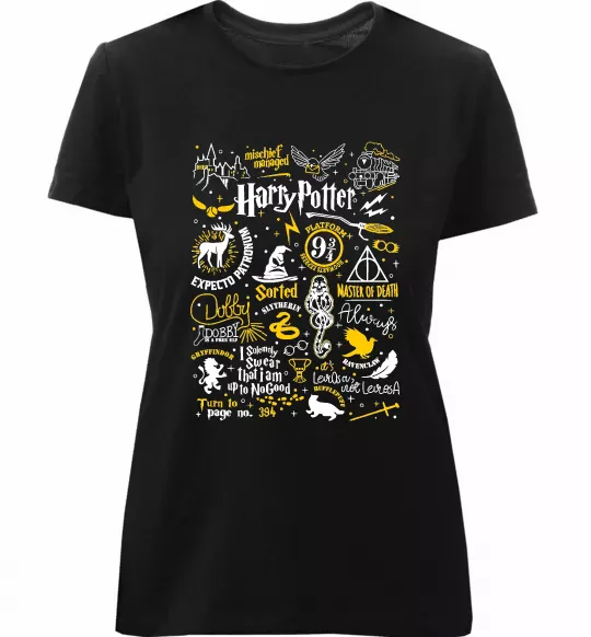 Женская премиум футболка Harry Potter символи Черный фото