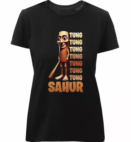 Женская премиум футболка Tung tung tung sahur Черный фото