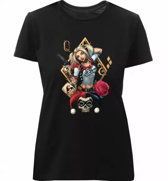 Женская премиум футболка Харлі Квін карта Черный фото