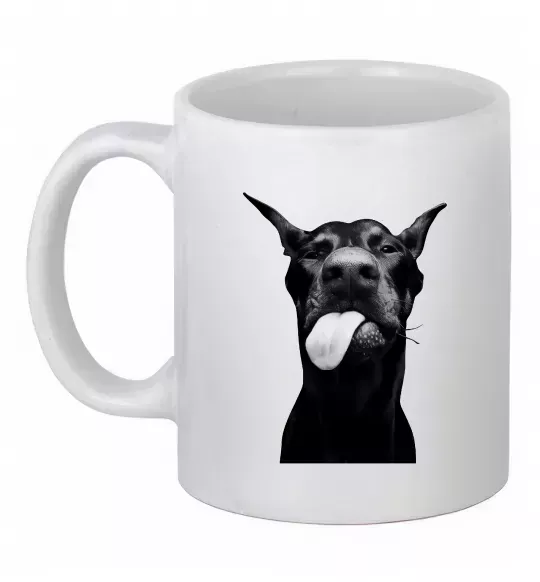 Чашка керамічна Доберман показує язик Білий фото