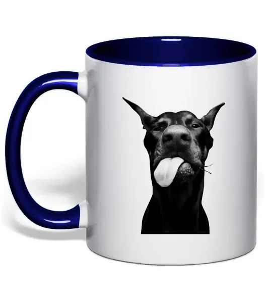 Чашка з кольоровою ручкою Доберман показує язик Глибокий темно-синій фото