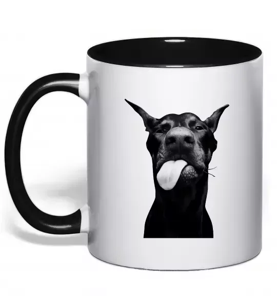 Чашка з кольоровою ручкою Доберман показує язик Чорний фото