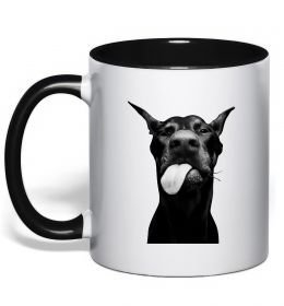 Чашка с цветной ручкой Доберман показує язик