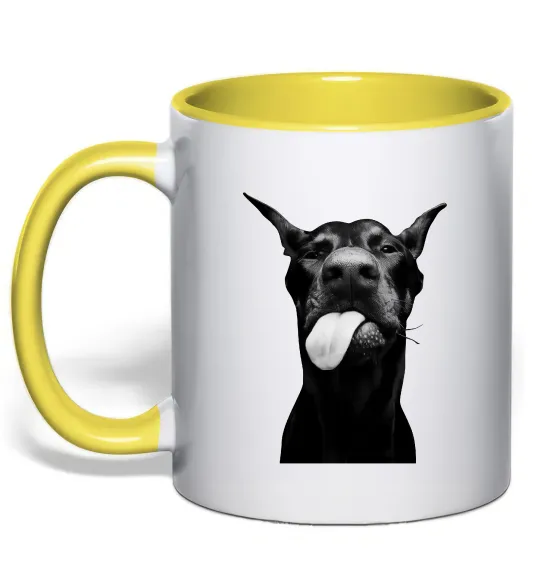 Чашка с цветной ручкой Доберман показує язик Лимонный фото