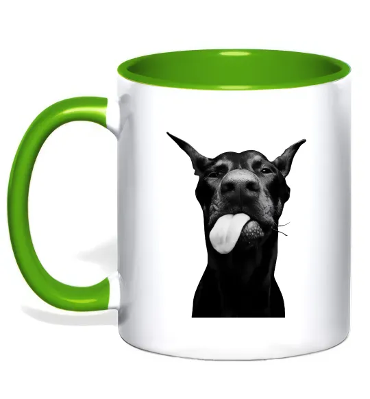 Чашка с цветной ручкой Доберман показує язик Лаймовый фото