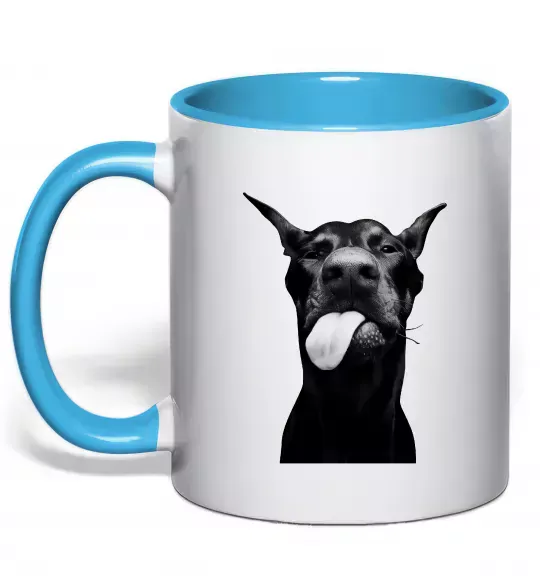 Чашка з кольоровою ручкою Доберман показує язик Блакитний фото