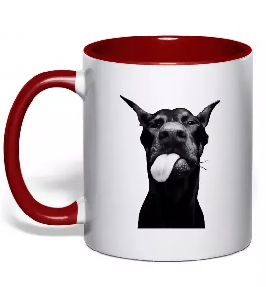Чашка з кольоровою ручкою Доберман показує язик Червоний фото