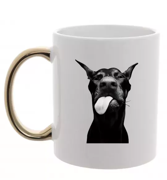 Чашка з кольоровою ручкою Доберман показує язик Золото фото