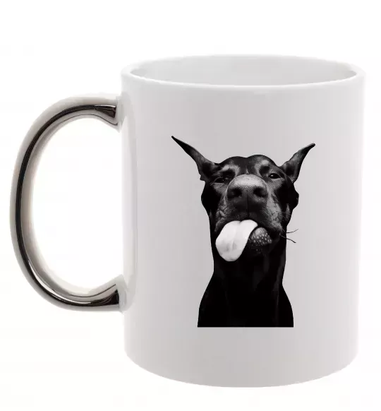 Чашка з кольоровою ручкою Доберман показує язик Срібло фото