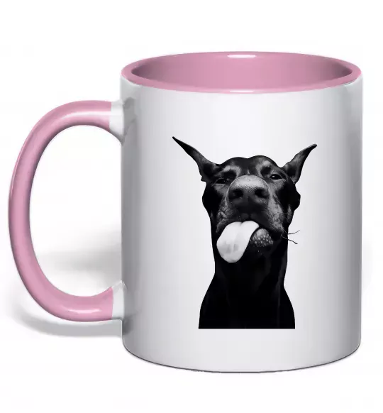 Чашка з кольоровою ручкою Доберман показує язик Ніжно рожевий фото