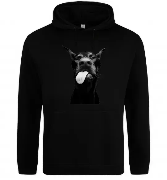 Жіноча толстовка (худі) Доберман показує язик Чорний фото