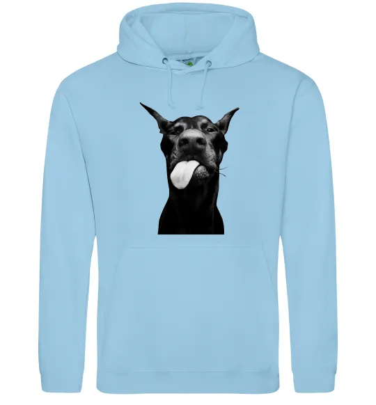 Женская толстовка (худи) Доберман показує язик Голубой фото