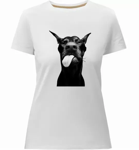 Жіноча преміум футболка Доберман показує язик Білий фото
