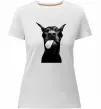 Жіноча преміум футболка Доберман показує язик Білий фото