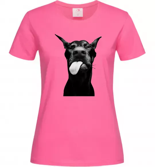 Жіноча футболка Доберман показує язик Яскраво-рожевий фото