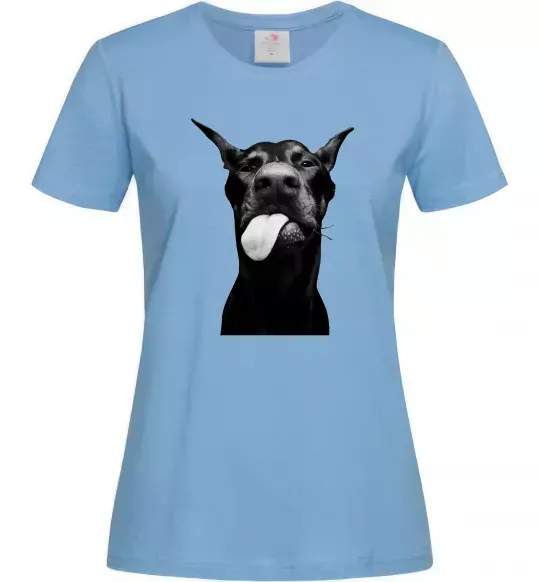 Жіноча футболка Доберман показує язик Блакитний фото