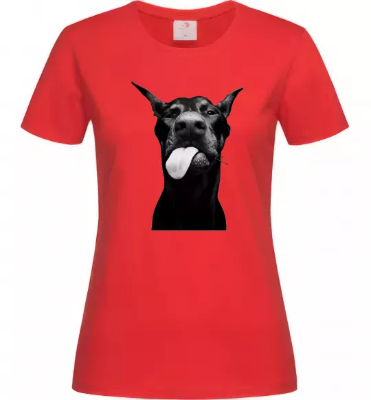 Жіноча футболка Доберман показує язик Червоний фото