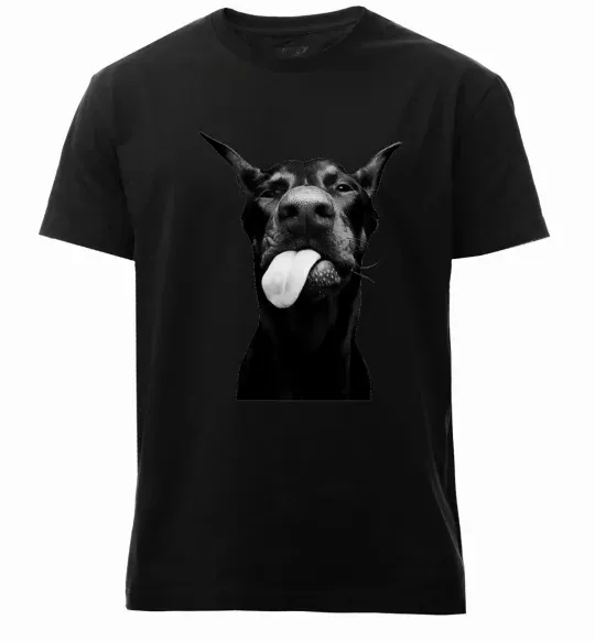 Мужская премиум футболка Доберман показує язик Черный фото