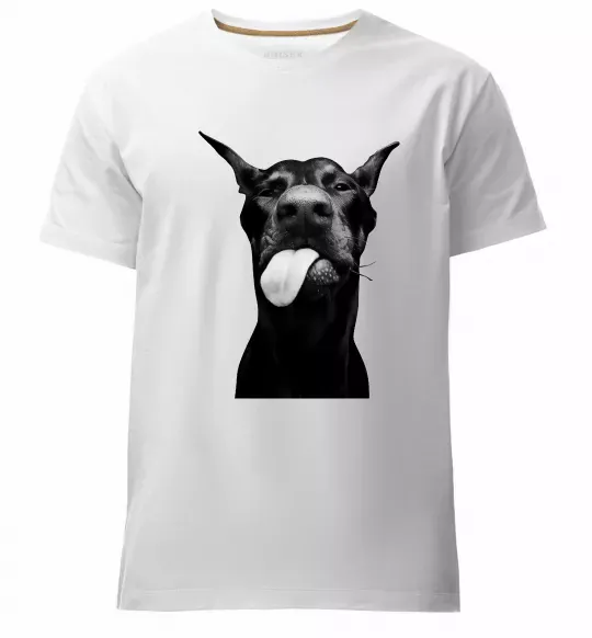 Мужская премиум футболка Доберман показує язик Белый фото