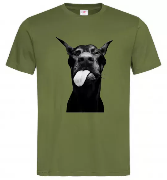 Мужская футболка Доберман показує язик Оливковый фото