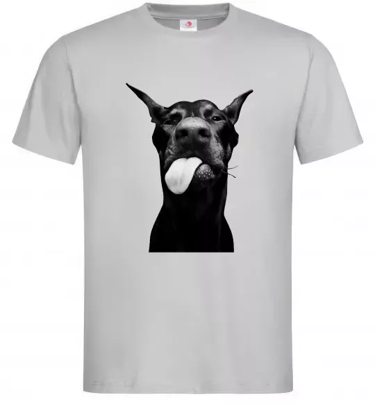 Мужская футболка Доберман показує язик Серый фото