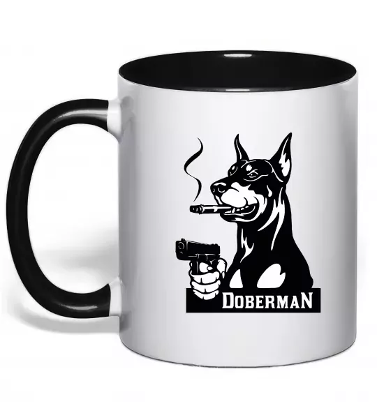 Чашка с цветной ручкой Doberman with gun Черный фото