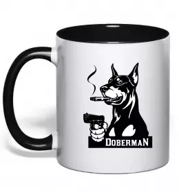 Чашка с цветной ручкой Doberman with gun Черный фото